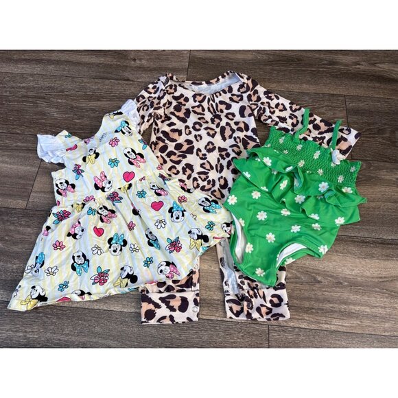 BABY GIRL LOT CLOTHES 12 MONTHS 3 PCS MINNIE MOUSE ANIMAL PRINT SWINSUIT - Picture 1 of 9